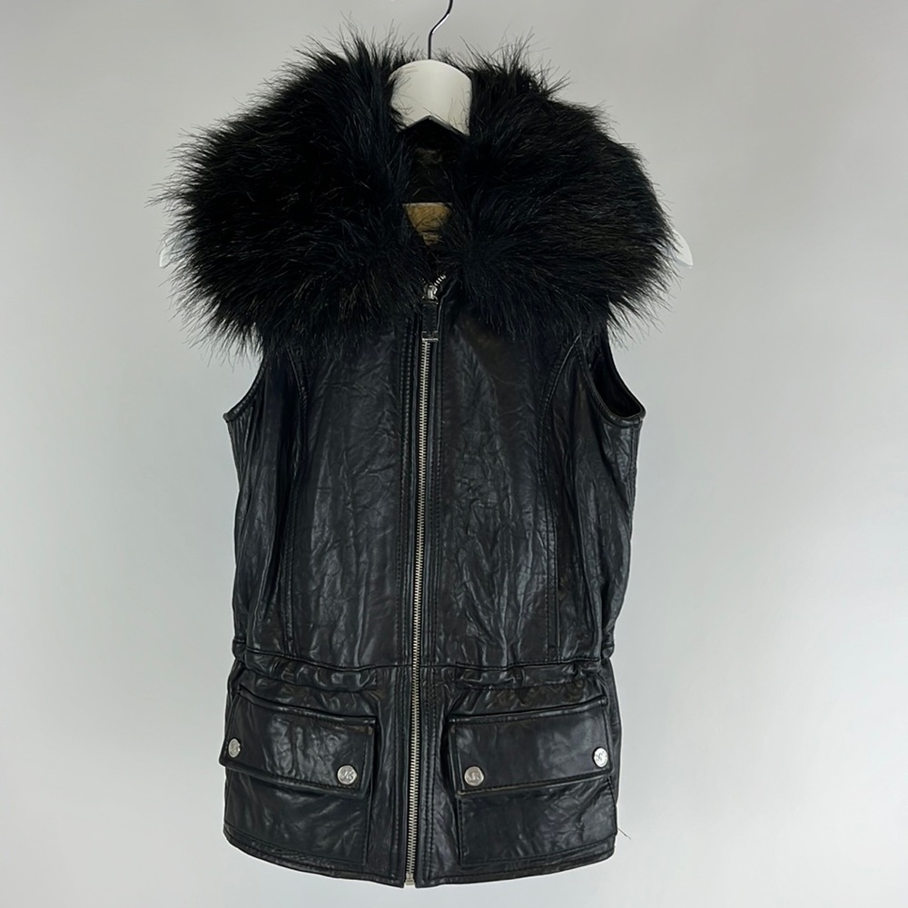 Michael Michael Kors Black Leather Faux-Fur-Collar Vest